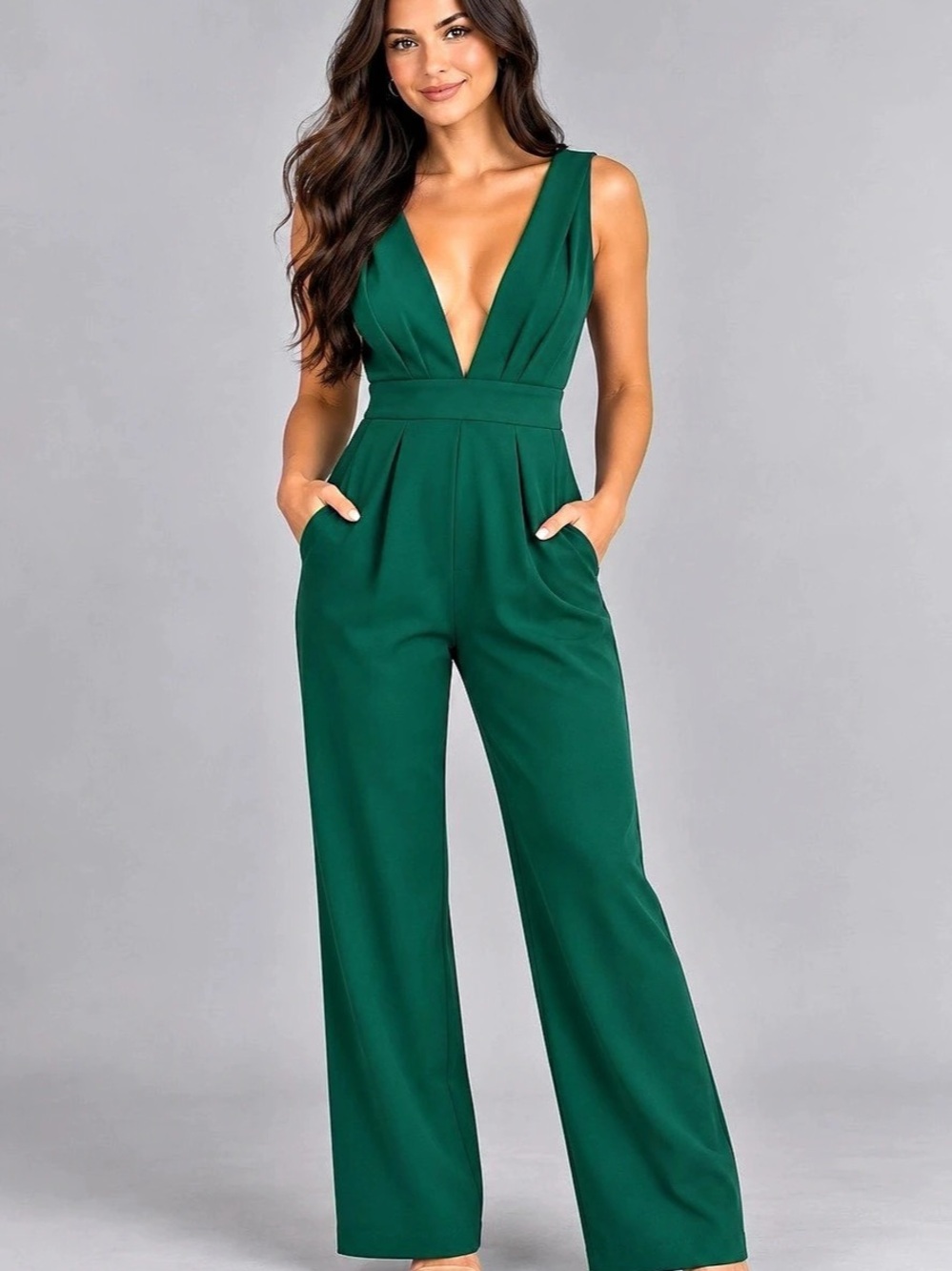 KAOÂ Emerald Green Deep V Wide Leg Formal Jumpsuit Size 6  [36]